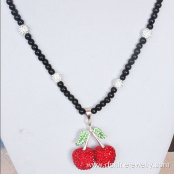 Alloy Rhinestone Cherry Charm Shamballa Beads Necklace